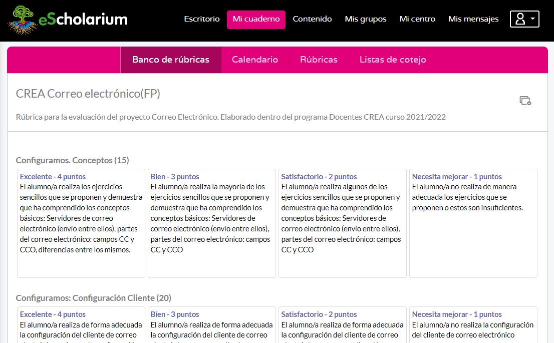 Previsualización de la rúbrica propuesta en eScholarium - Enlace a la rúbrica