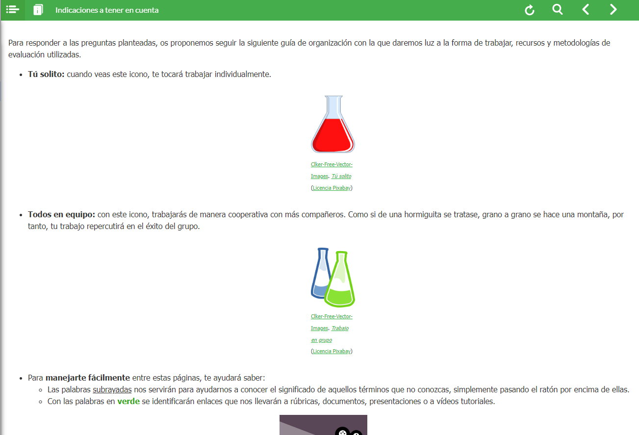 Captura de pantalla del apartado indicaciones a tener en cuenta