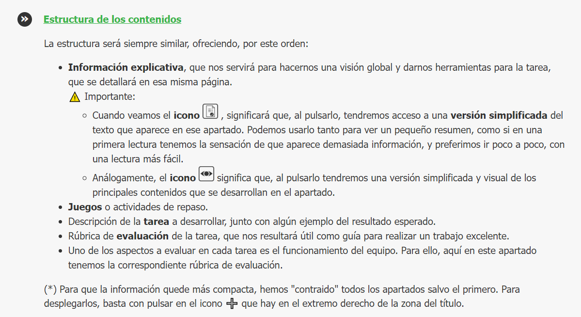 Captura de la sección nos organizamos apartado de estructura. Enlace a la sección en el REA. 