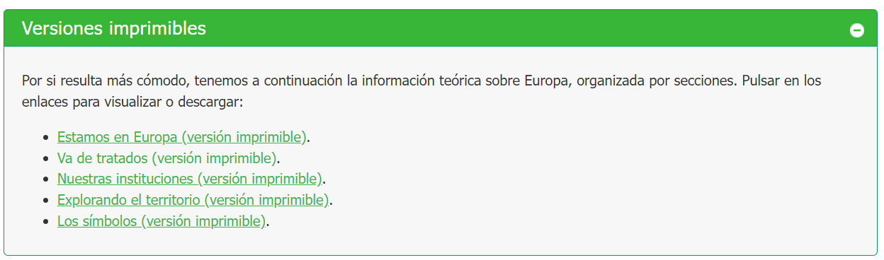 Captura del apartado donde se enlazan versiones imprimibles de los contenidos