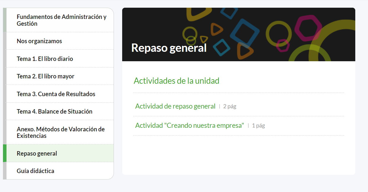 Captura de pantalla del apartado de repaso general