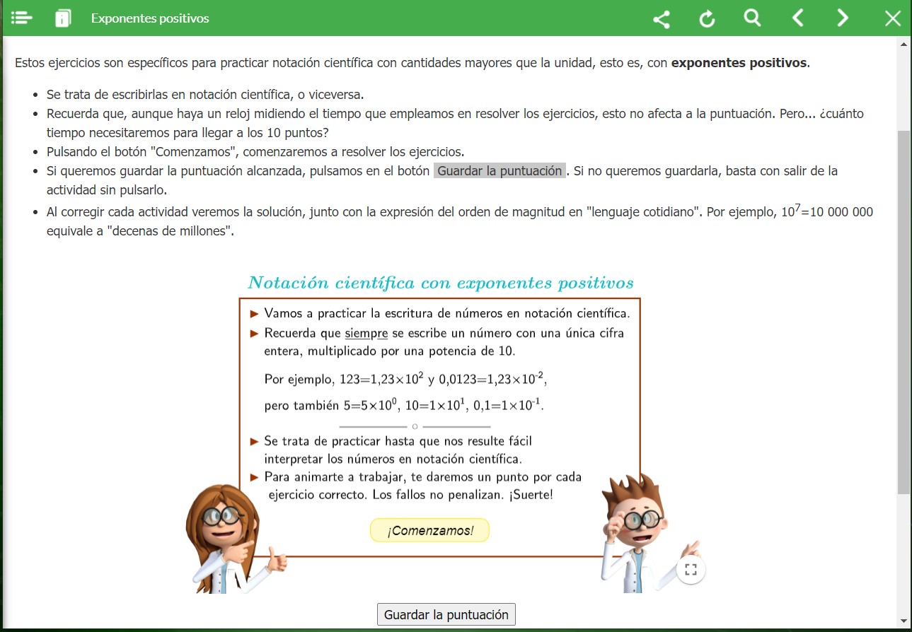 Captura de pantalla del apartado exponentes positivos del REA