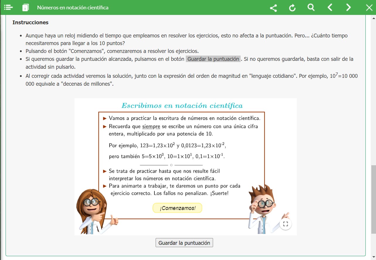 Captura de pantalla del apartado números en notación científica del REA
