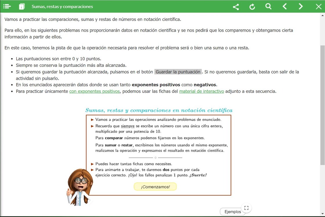 Captura del apartado Sumas, restas y comparaciones del REA