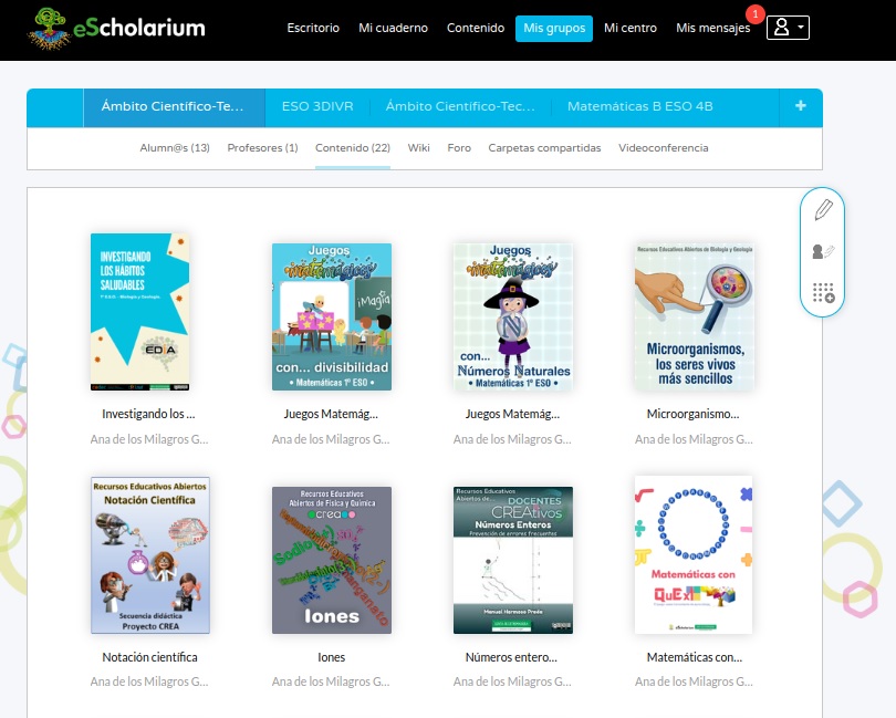 Captura de pantalla del escritorio eScholarium de la docente, en la que se ven 8 libros que tiene incluidos