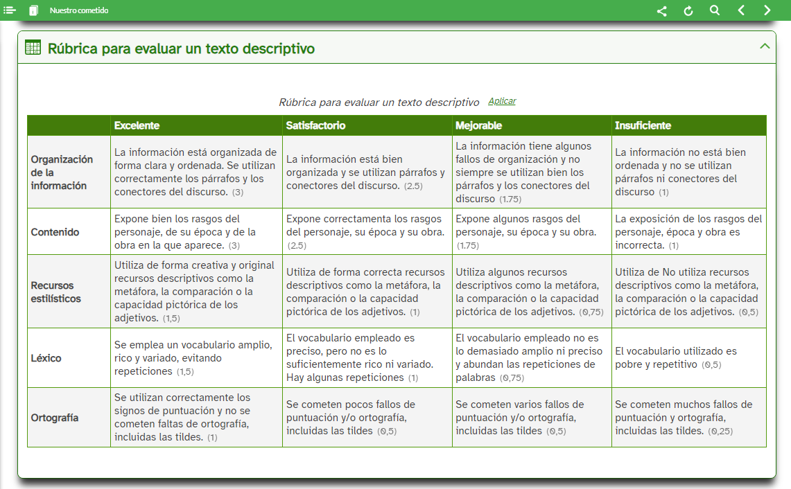 Imagen de la rúbrica que proporciona el REA