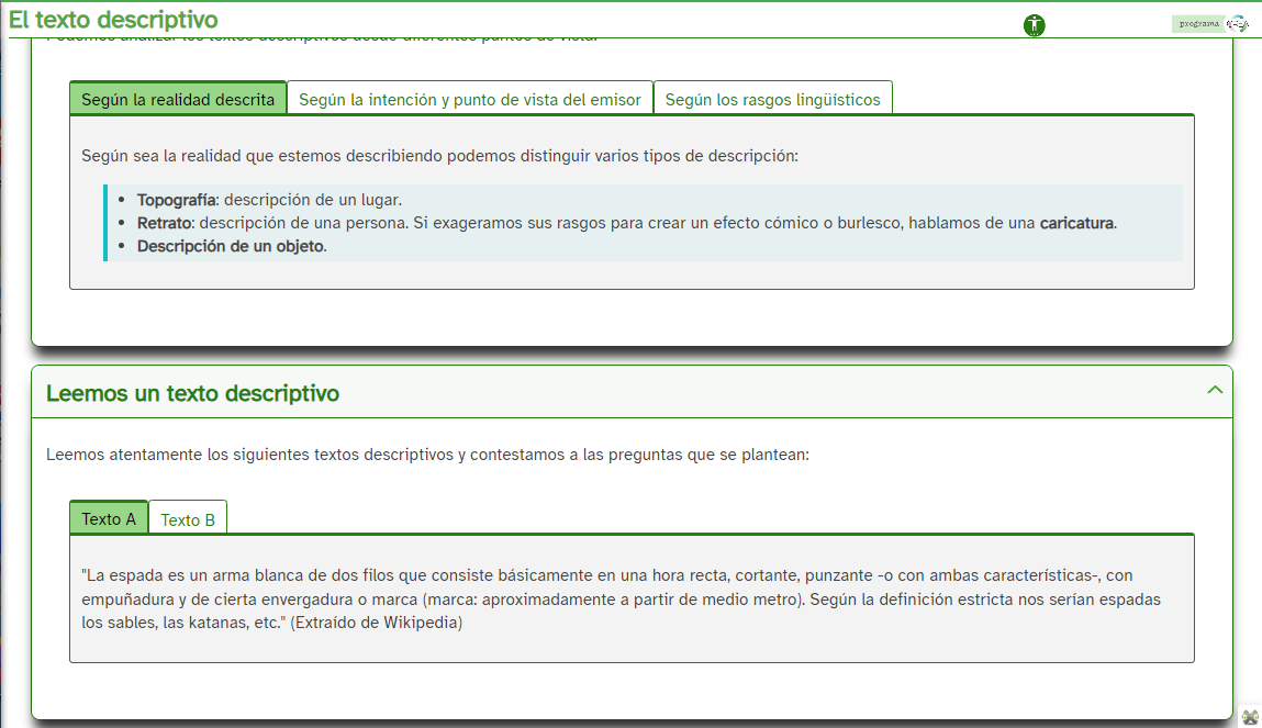 Captura del apartado del REA referente al texto descriptivo